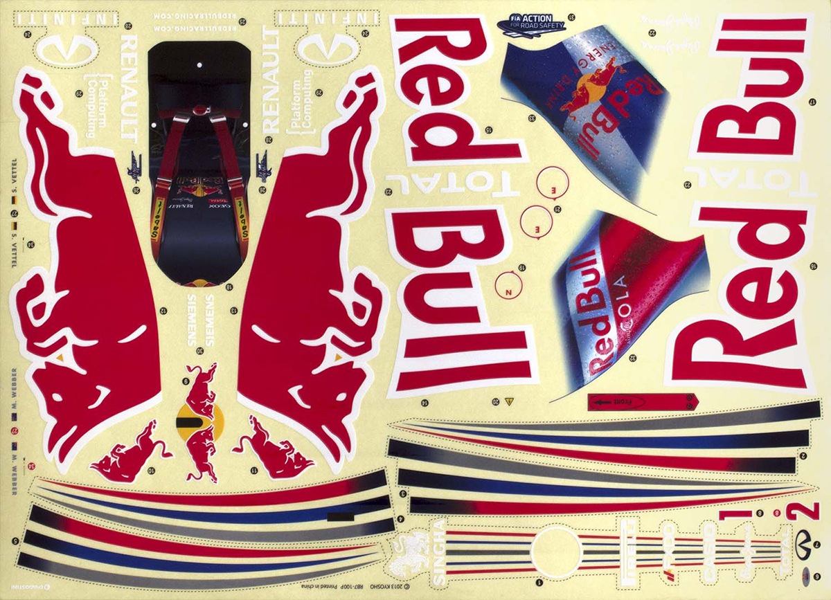 Image of water-slide decals for the Red Bull RB7 Formula 1 car scale model