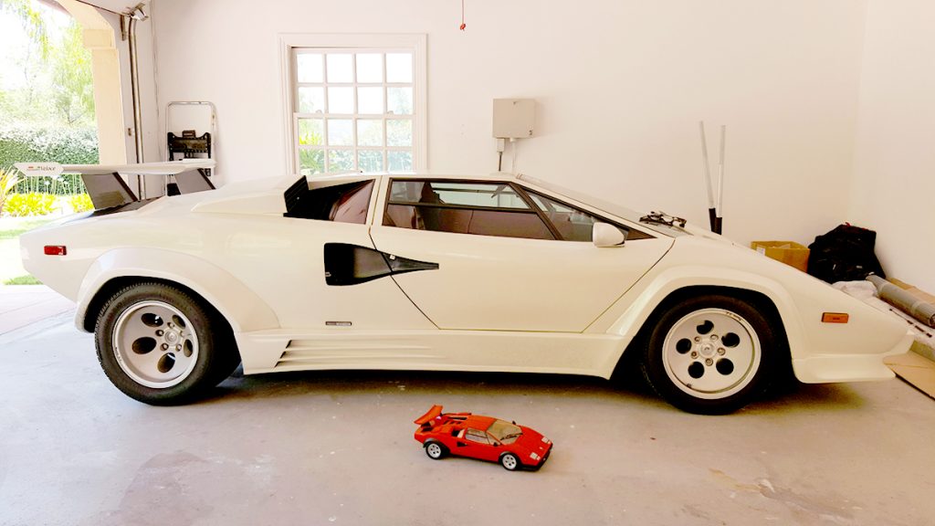 Image of ModelSpace 1:8 scale model Lamborghini Countach, in front of a real Countach, for a blog interview with ModelSpacer Allan Lambo