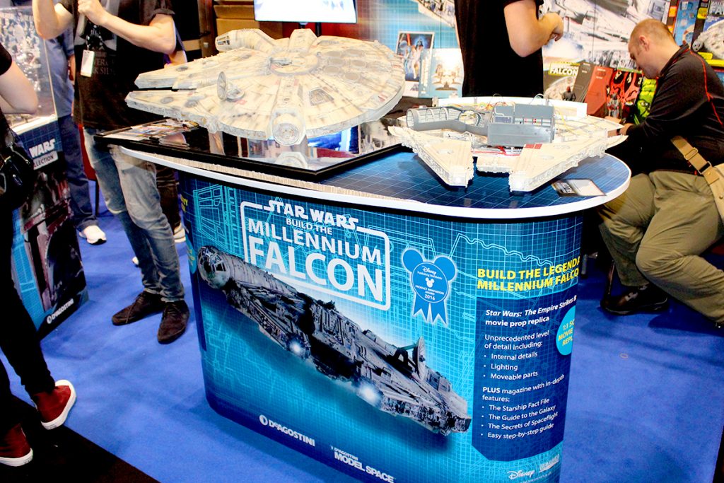 Image of the ModelSpace 1:1 scale model Millennium Falcon replica on display at Star Wars Celebration Europe 2016, included in a blog about De Agostini winning the Disney Product Innovation Award 2016