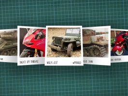 Image of scale modelling cutting board with polaroids of various scale models, as cover image for a blog about the ModelSpace September scale modeller of the month - Daran Leaver.