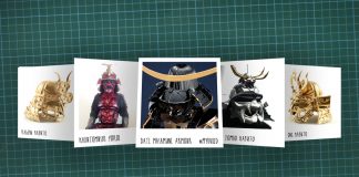 Image of scale modelling cutting board with polaroids of various scale model Samurai, as cover image for a blog about the ModelSpace September scale modeller of the month - Russ Ogi.